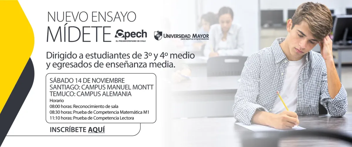 Te invitamos a participar del Ensayo Nacional PAES MÍDETE. Exclusivo para alumnos de 3º medio, 4º medio y egresados.