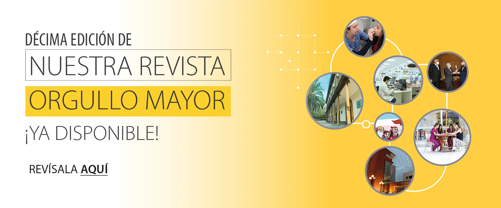 Una revista amarilla y blanca anuncia su décima edición, Orgullo Mayor, con círculos de fotos de la comunidad